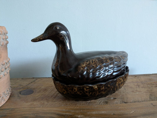 Ceramic Brown Lava Glaze DUCK Egg Holder Tureen Pottery Bird Rare Farmhouse Vgc