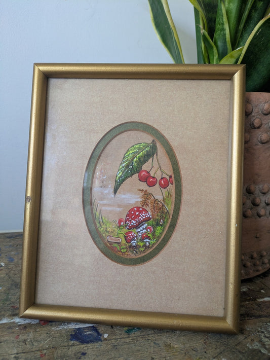 Vintage Watercolour Painting Mushroom Toadstool Pixies Signed Framed 1983 Folk