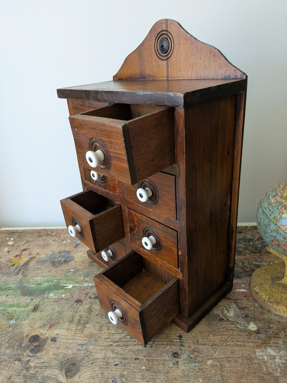 Antique Set of Eight Early 20th Century Wooden Spice Drawers Porcelain Knobs Vtg
