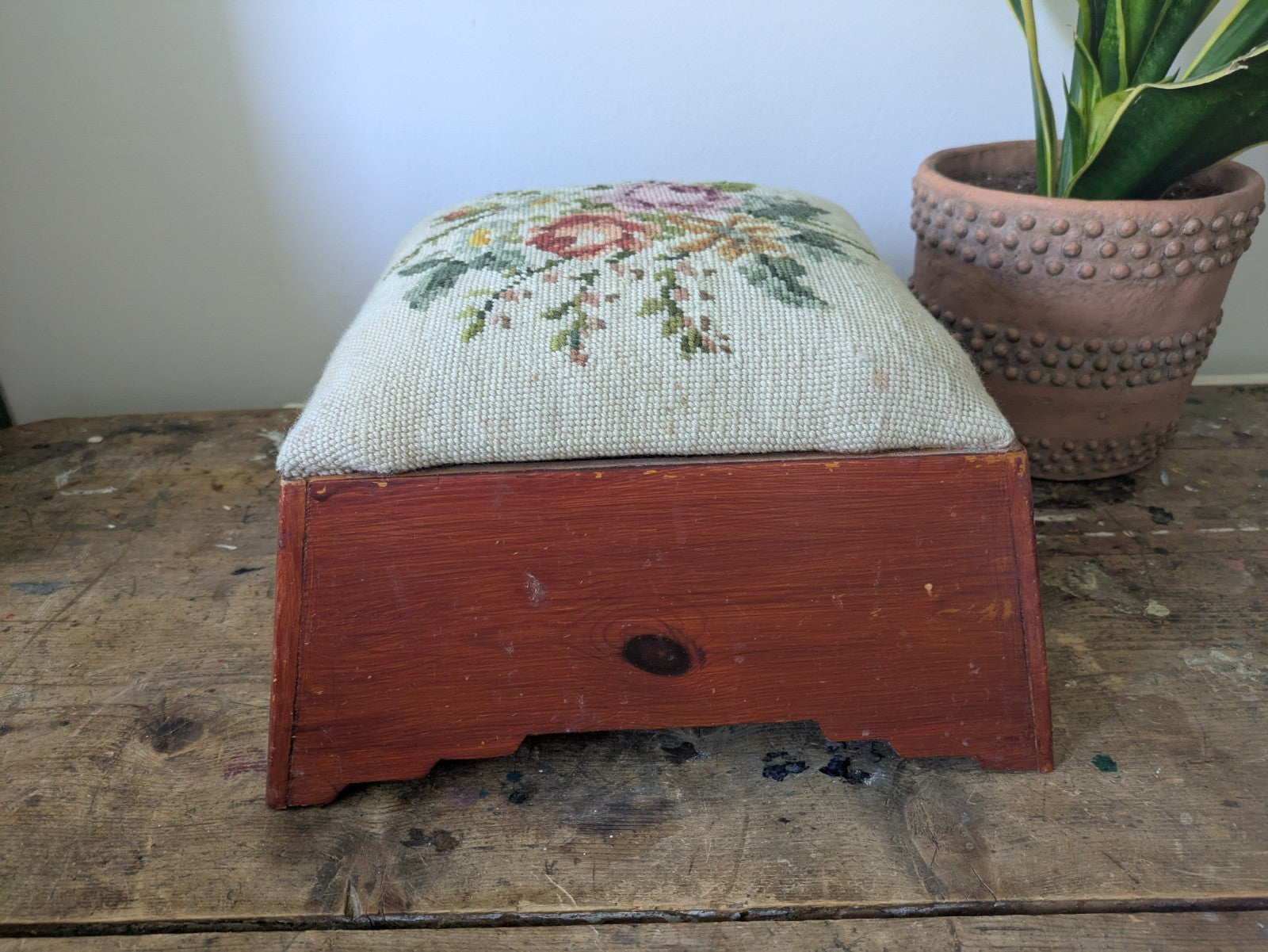 Vintage Tapestry Floral Stool Pine Base Rose Tapestry Top Footstool Original Old