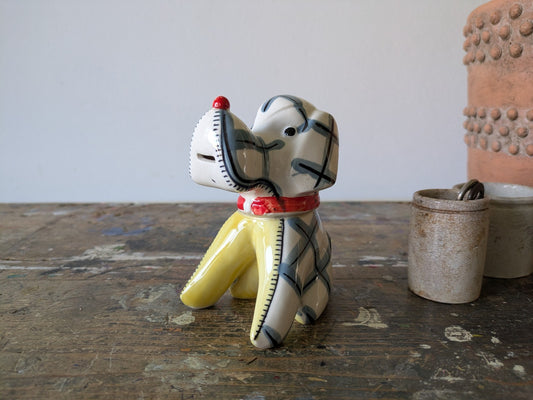 Vintage Kitsch Ceramic Novelty Dog Tape Measure Plaid Design Blue Retro 1950s!!