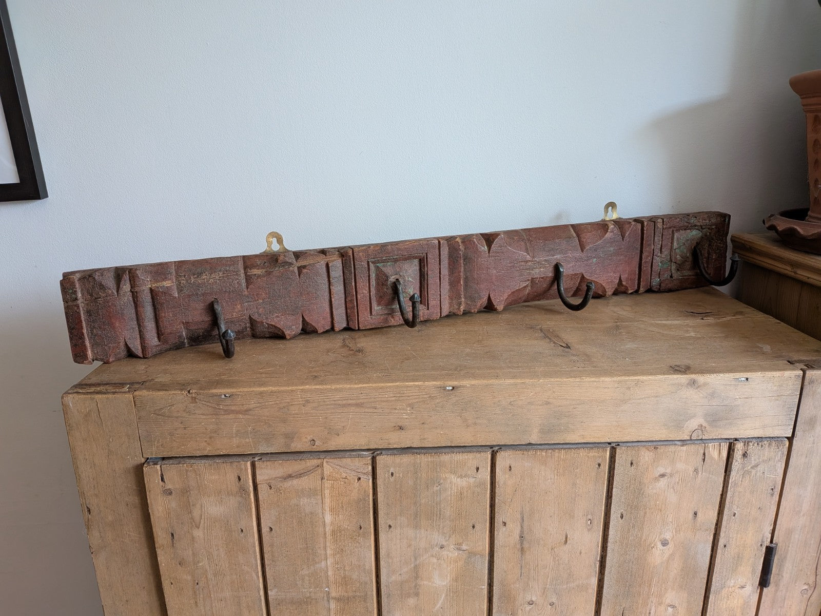 Antique Indian Painted Teak Wood Coat Hook Panel Salvaged Iron Hooks Vintage Vgc