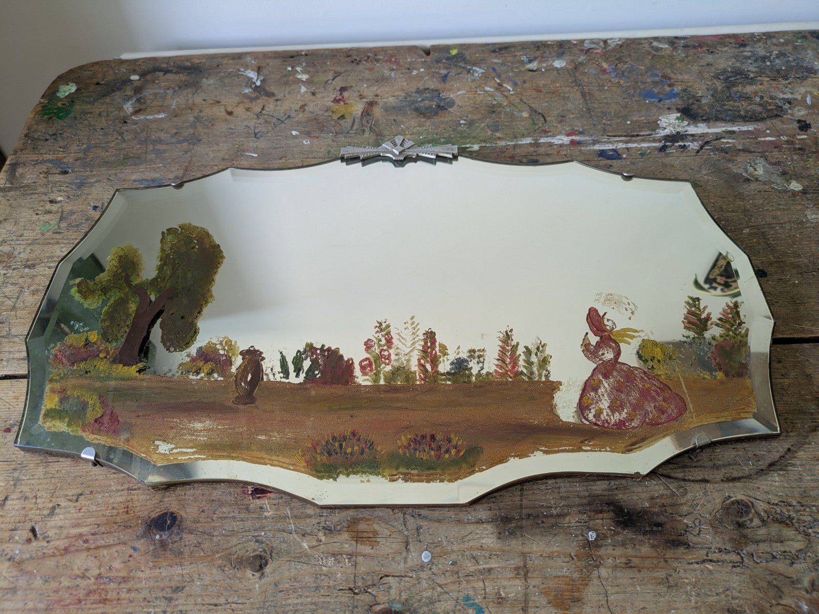 Vintage Art Deco Hand Painted Bevelled Wall Mirror Crinoline Lady Spring Garden
