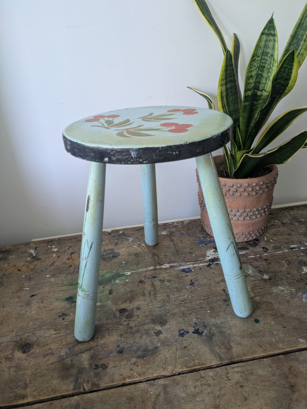 Vintage Stool Folk Art Hand Painted Cherries Blue Chippy Original Antique Tripod