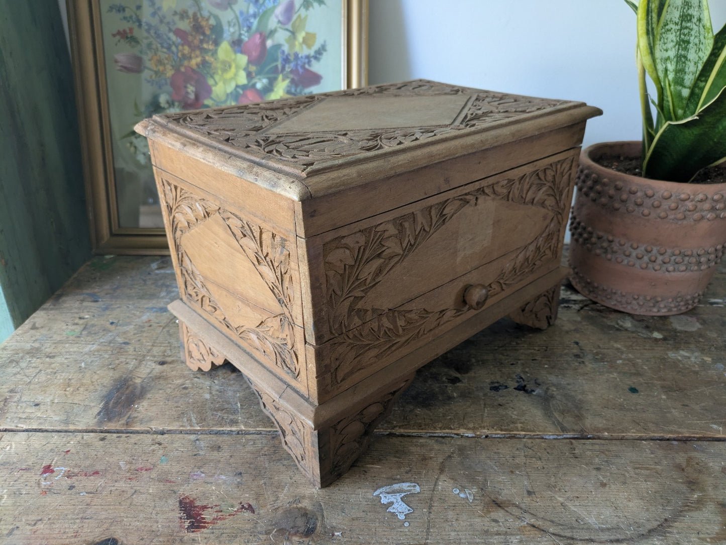 Vintage Hand Carved Indian Wooden Storage Cabinet Chest Trunk Mango Wood Box Sml