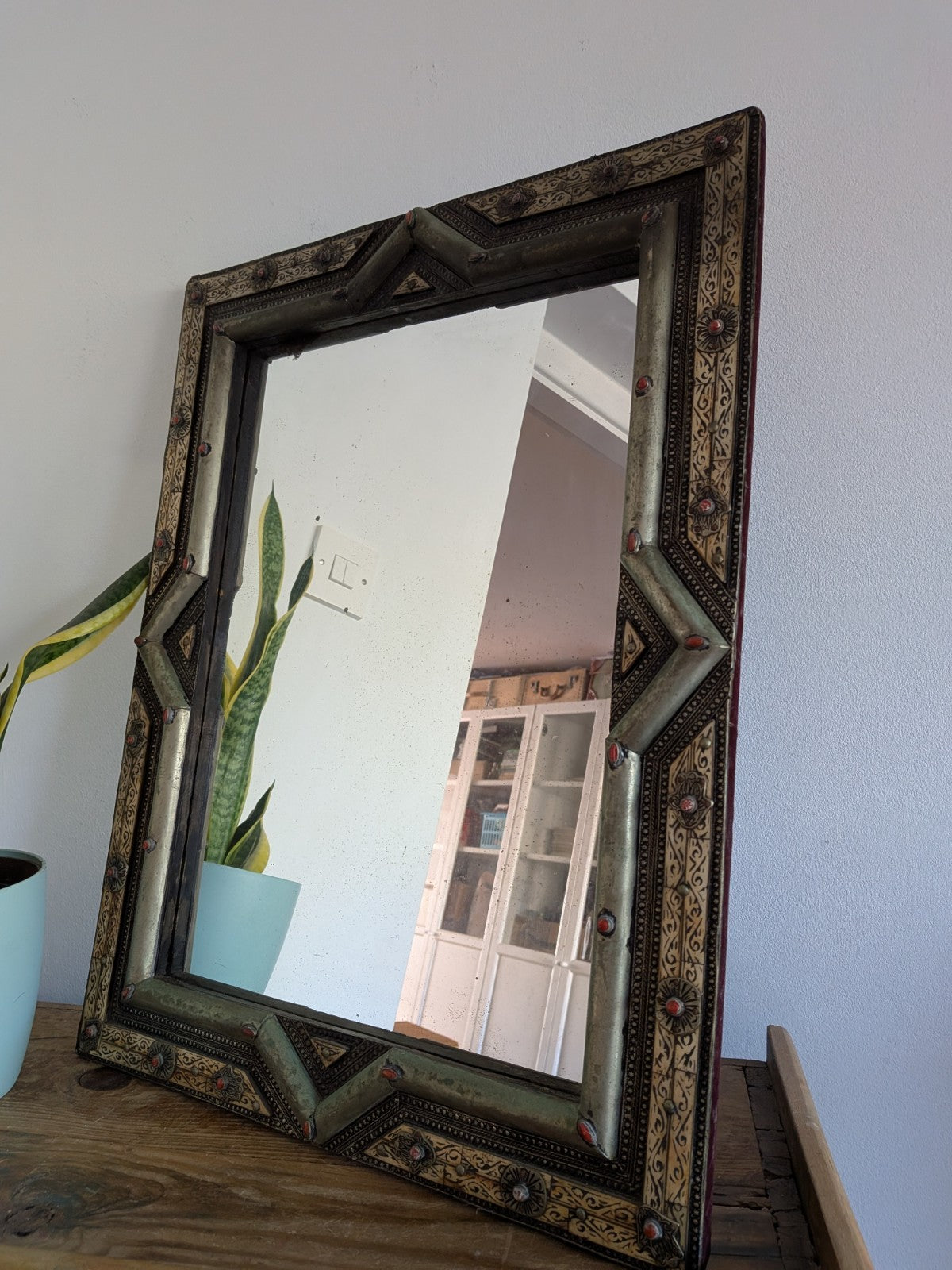 Vintage Ancient Handmade Moroccan Wall Mirror Brass Bone Camel Inlaid Mosaic XL 