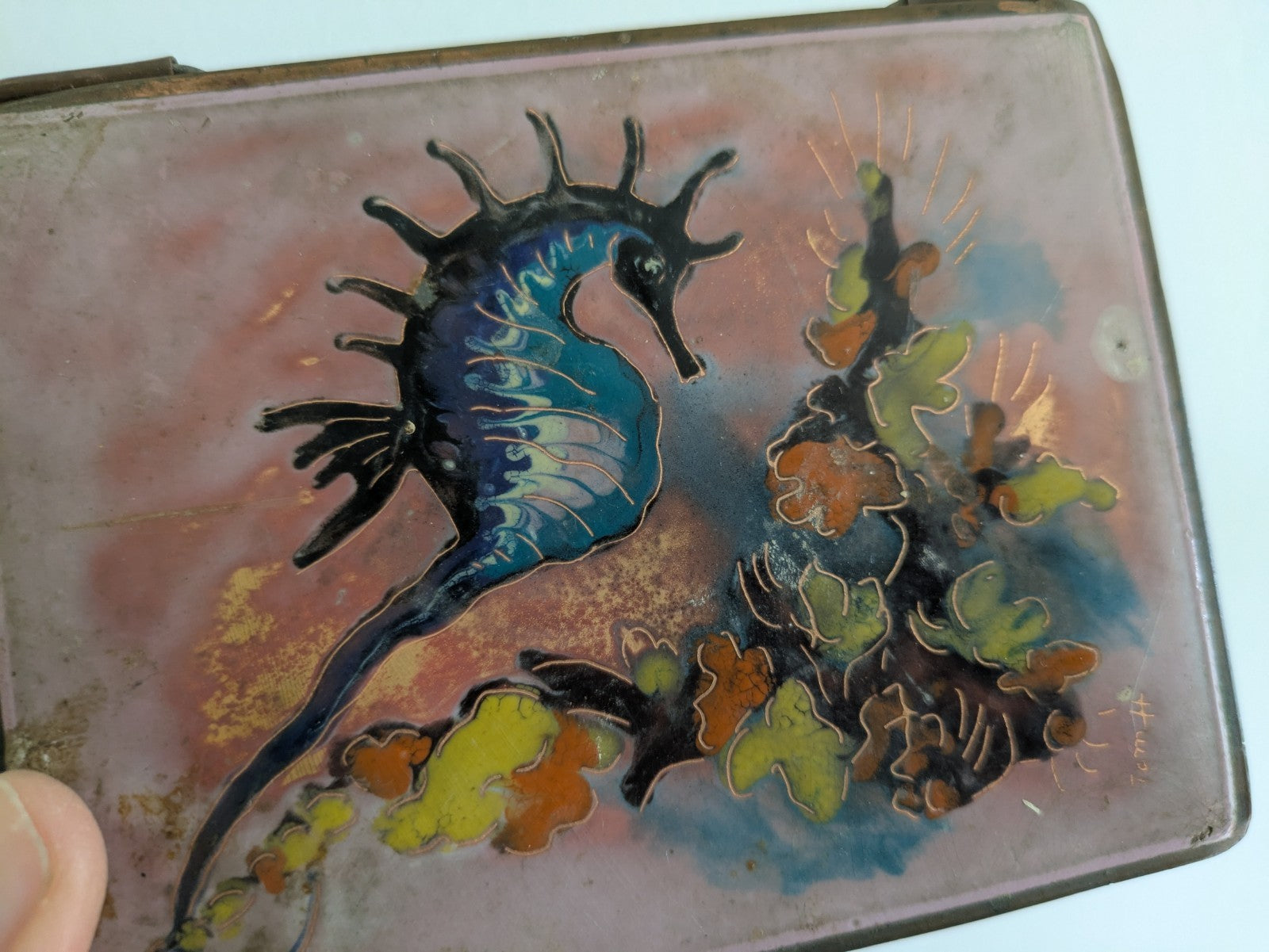 Vintage Seahorse Enamelled Mid-Century Copper Trinket Box Pink Signed Retro Vgc