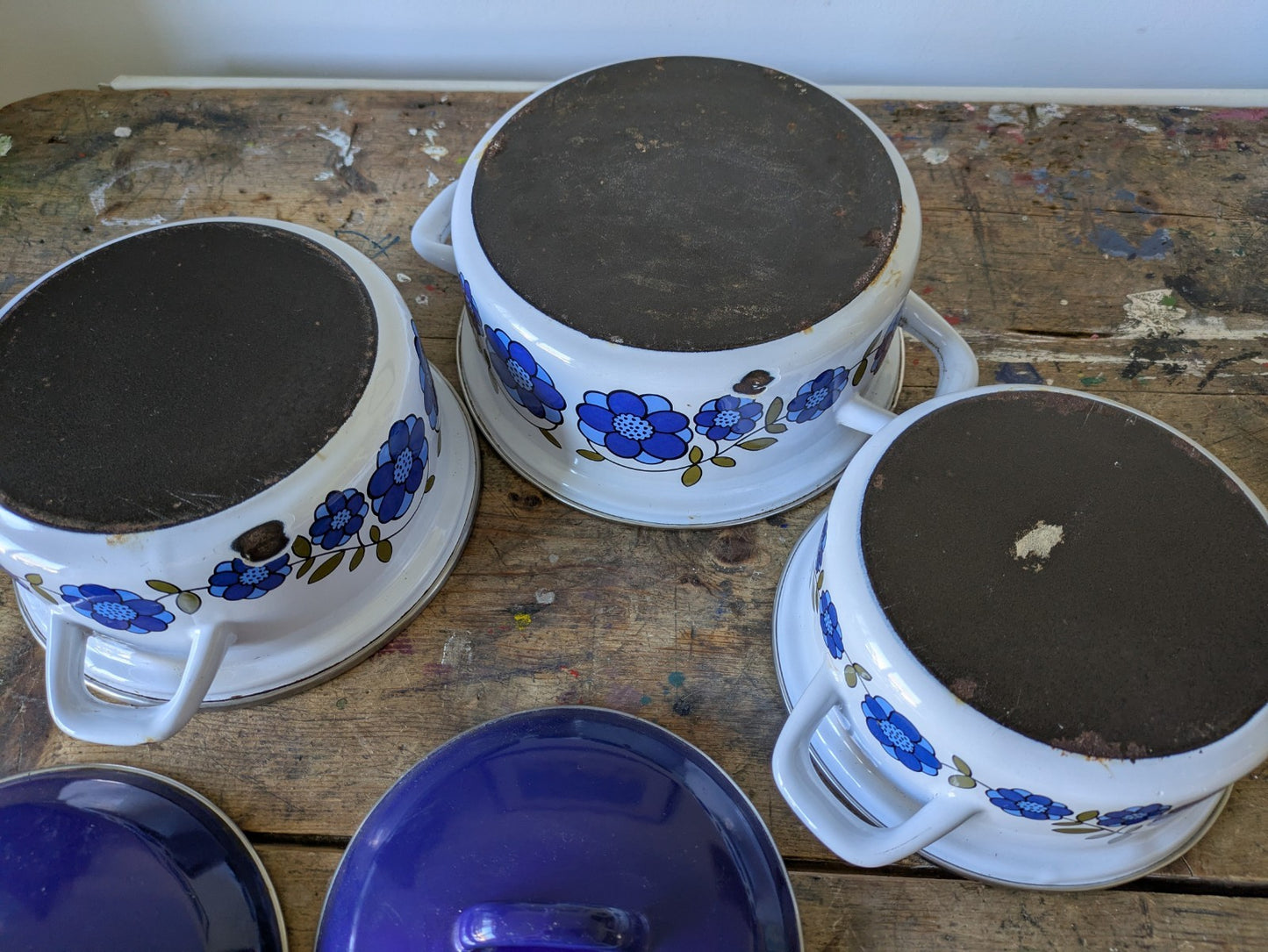 3x Vtg 70s Blue Taunton Vale Floral Saucepan Casserole Dish Pans Enamel Retro