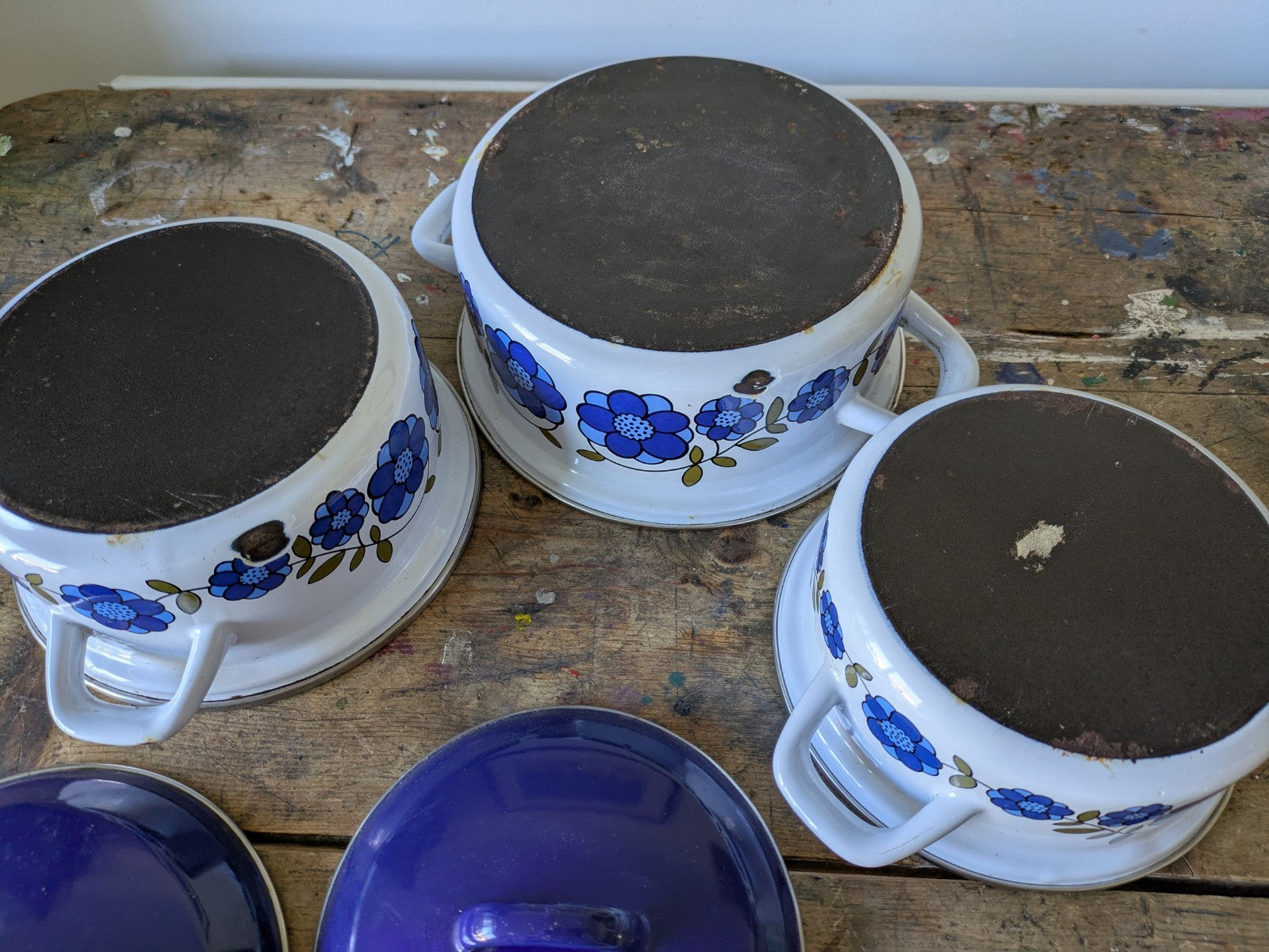 3x Vtg 70s Blue Taunton Vale Floral Saucepan Casserole Dish Pans Enamel Retro