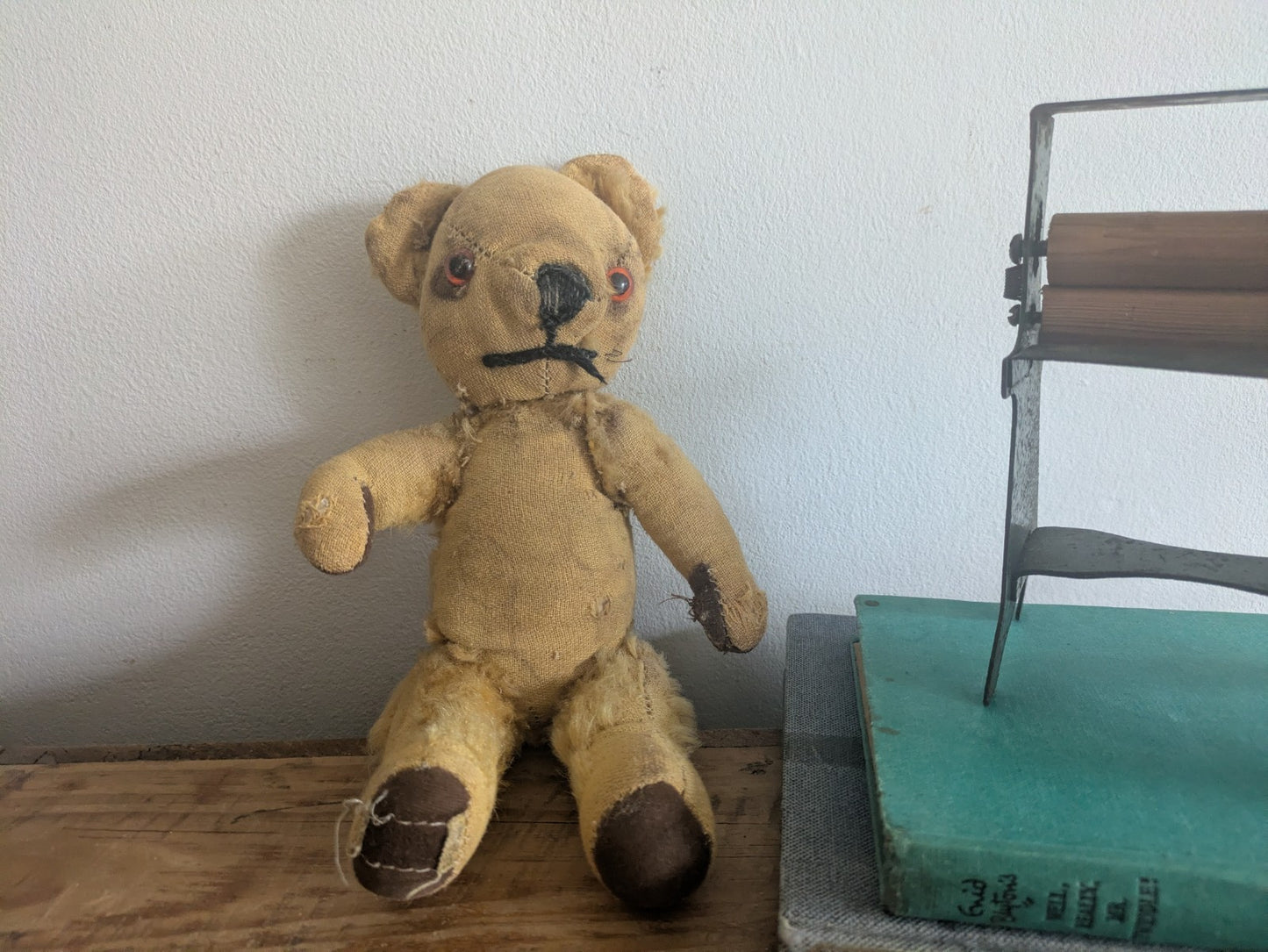 Antique Small Jointed Old Mohair Teddy Bear straw stuffed vintage RARE worn toy!