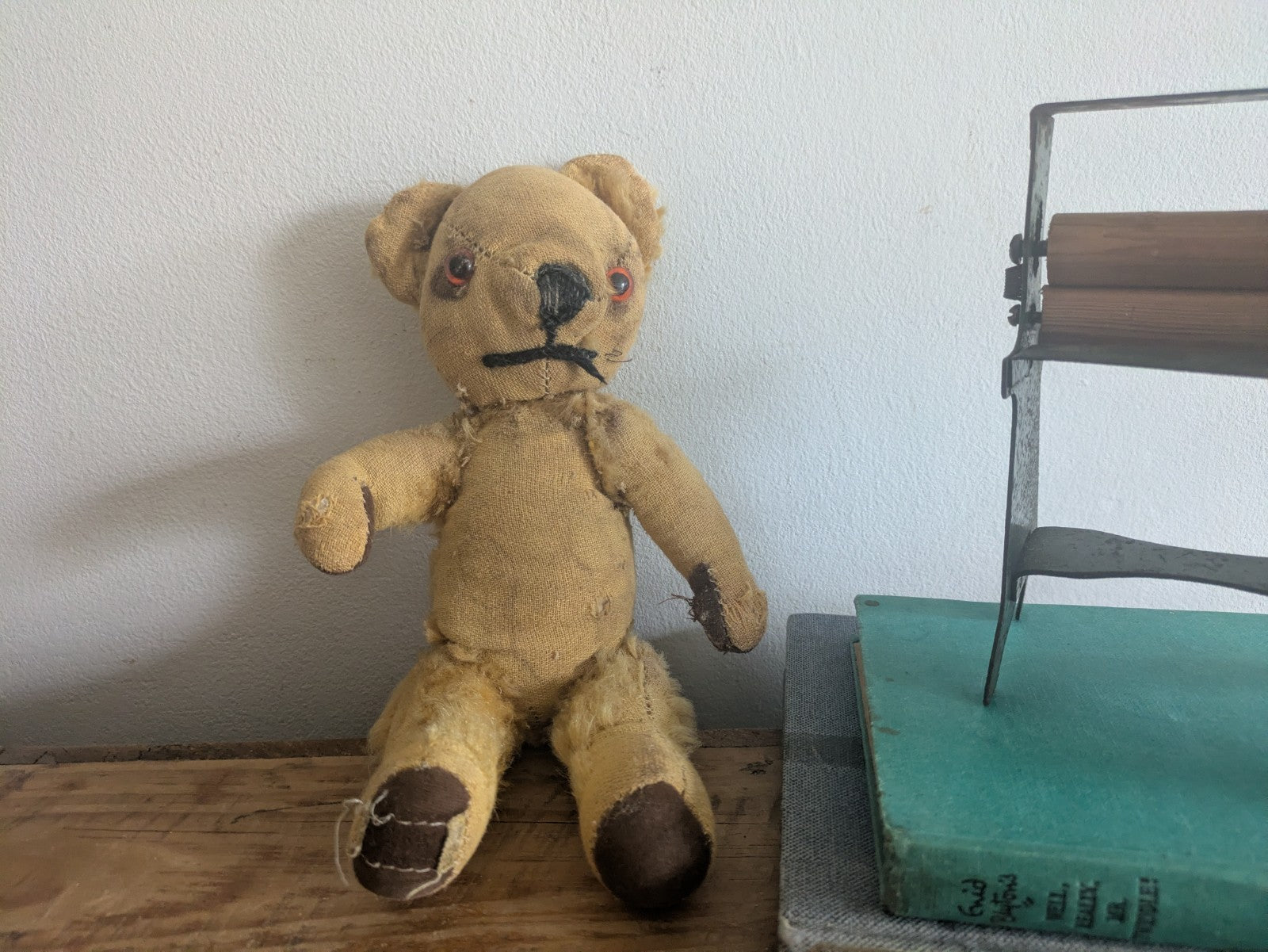 Antique Small Jointed Old Mohair Teddy Bear straw stuffed vintage RARE worn toy!
