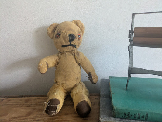 Antique Small Jointed Old Mohair Teddy Bear straw stuffed vintage RARE worn toy!