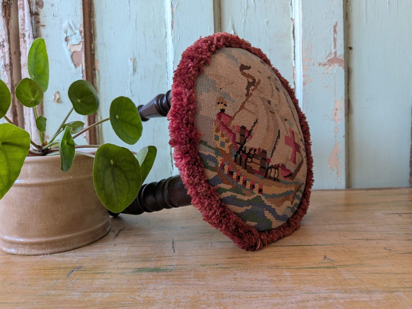 Victorian Tripod Needlepoint Foot Stool Ship Sailing Seat Tapestry Antique Vtg