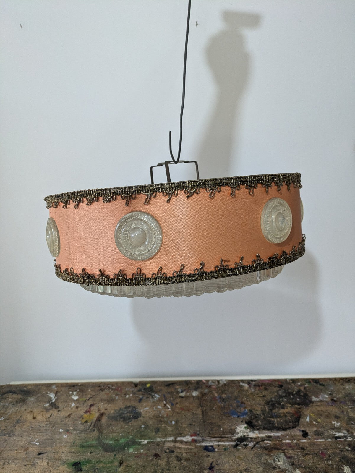MID CENTURY 60S VTG RETRO FABRIC KNOBBLY PLASTIC SCANDI CEILING LIGHT LAMP SHADE