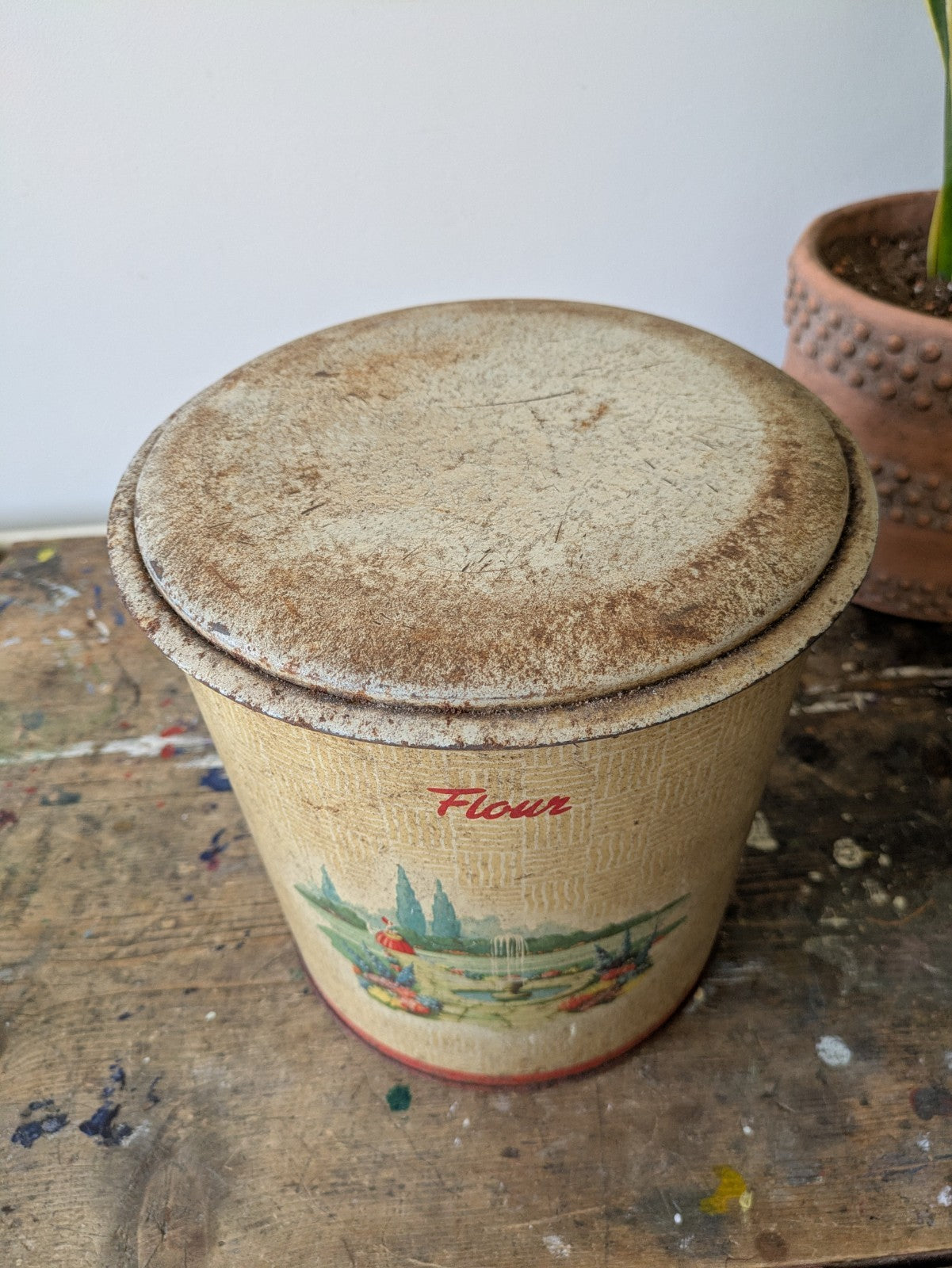 Vintage 1930s 40s Handiware Large Flour Storage Tin Canister Rare Prop Kitchen