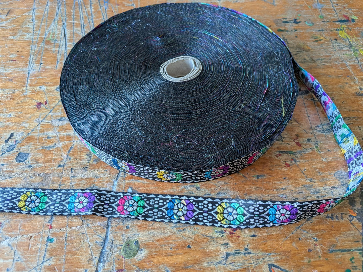 Jacquard Ribbon Black Dotty Roll Patterned Floral Multicoloured Black Trim Craft