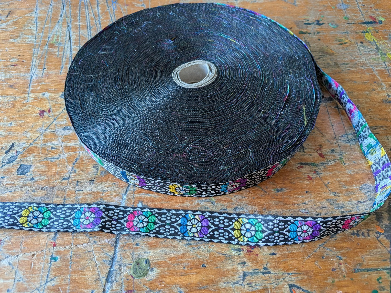 Jacquard Ribbon Black Dotty Roll Patterned Floral Multicoloured Black Trim Craft
