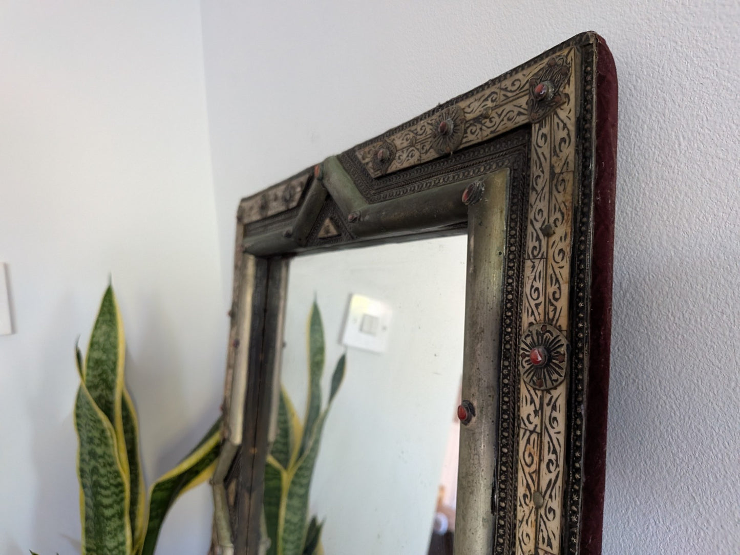 Vintage Ancient Handmade Moroccan Wall Mirror Brass Bone Camel Inlaid Mosaic XL 