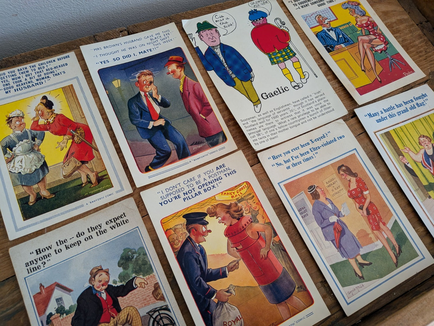 8 x Early Donald McGill Artist Comic Humour Postcards Mix Bamforth Stamped Rare