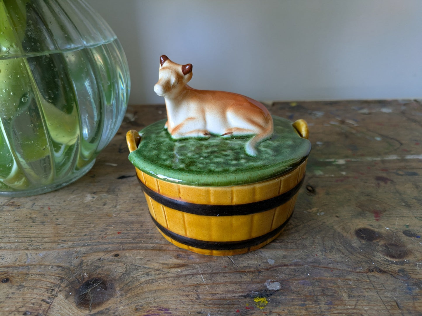 Vintage Secla Pottery Majolica Lidded Butter Dish - cow on a barrel Pot Cheese