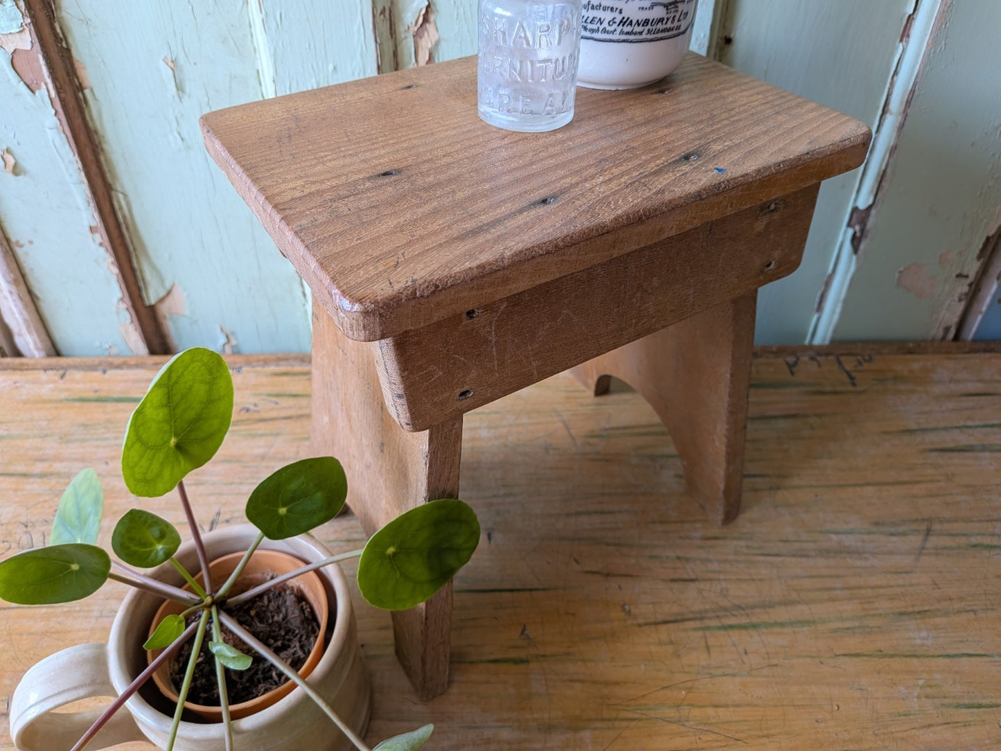 Vintage Step Stool Milk Wooden Seat Farmhouse Old Solid Splayed Leg Wood Prop 