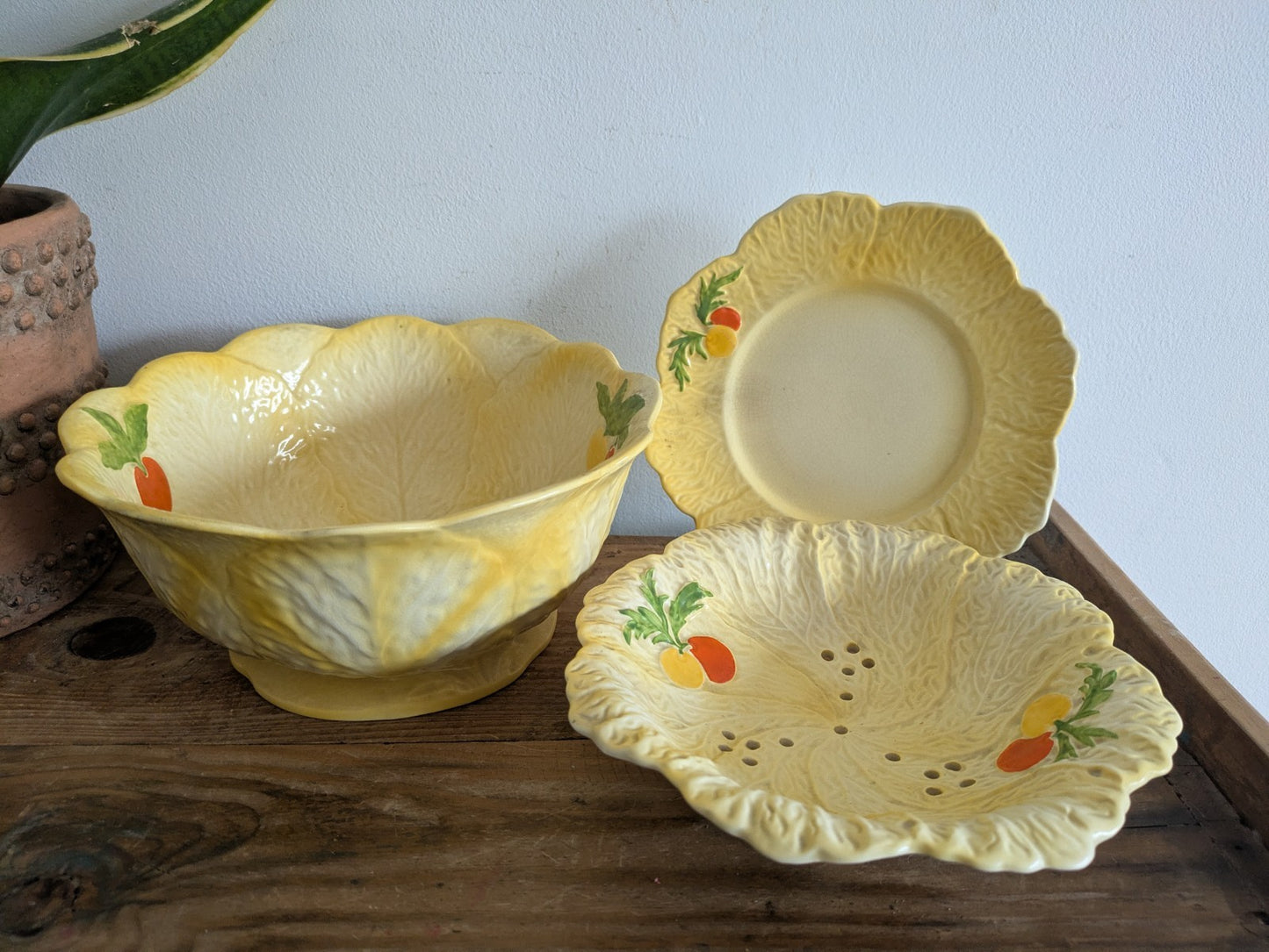Falcon Ware Yellow Fruit Bowl Leaf Plate Painted Fruits Spring Art Deco Sieve
