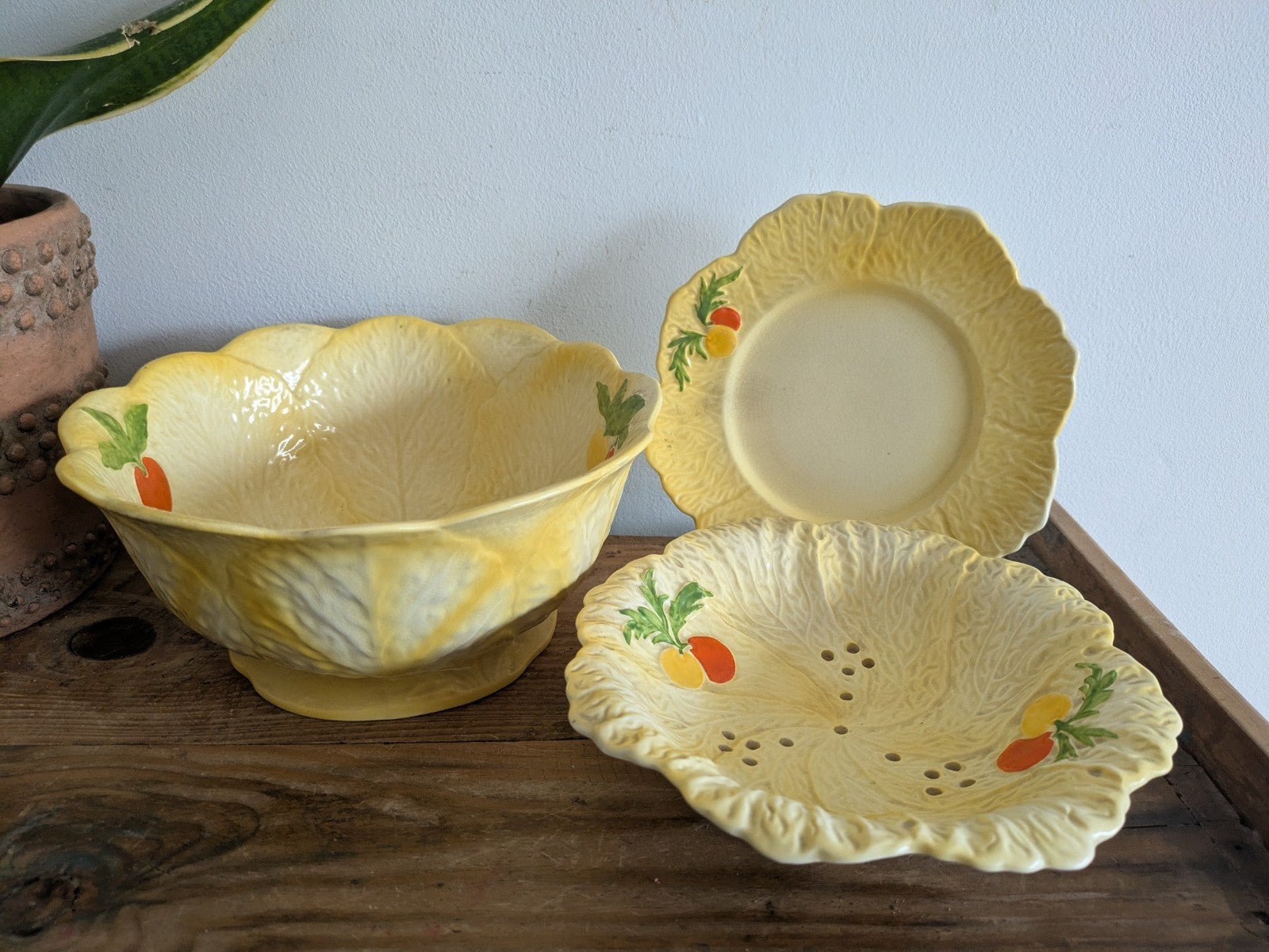 Falcon Ware Yellow Fruit Bowl Leaf Plate Painted Fruits Spring Art Deco Sieve