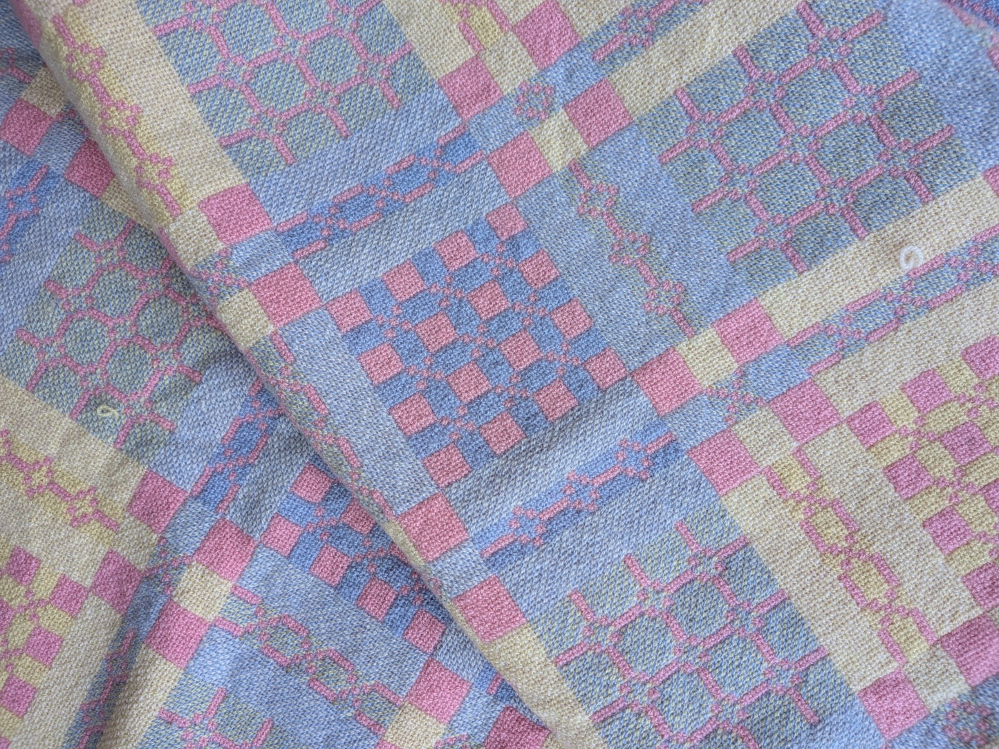 Welsh Wool Tapestry Blanket Throw Pink Blue Reversible Double 227cm x 156cm Vtg