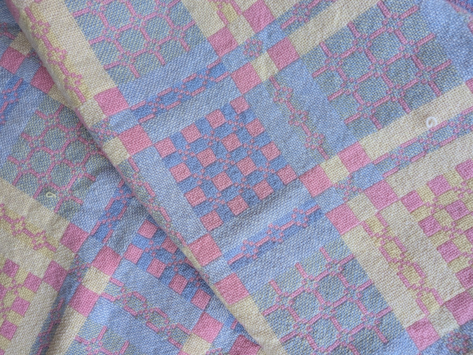 Welsh Wool Tapestry Blanket Throw Pink Blue Reversible Double 227cm x 156cm Vtg