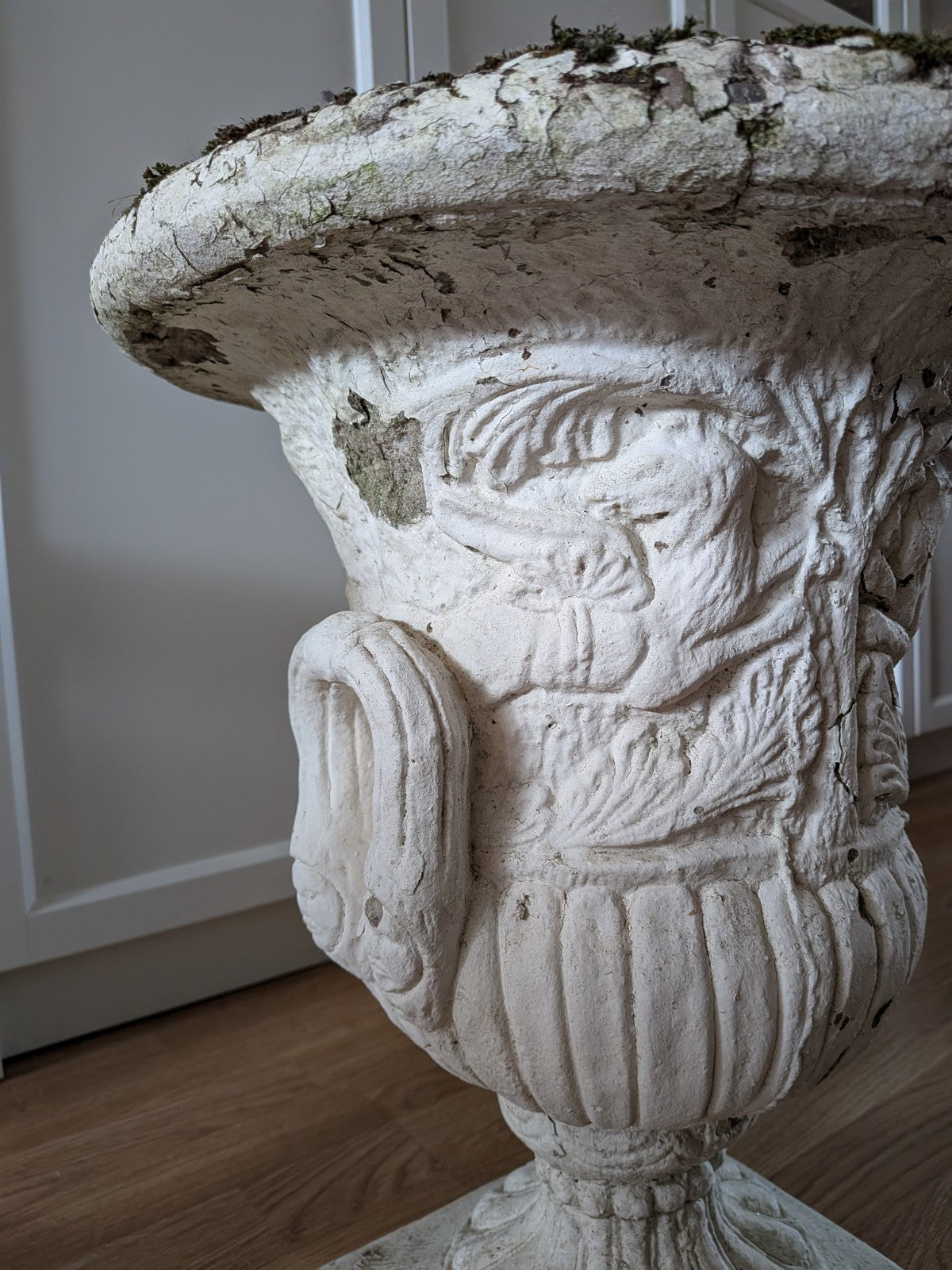 Pair Reclaimed Classical Medici Garden Urn Planter Cast Stone Handles Weathered