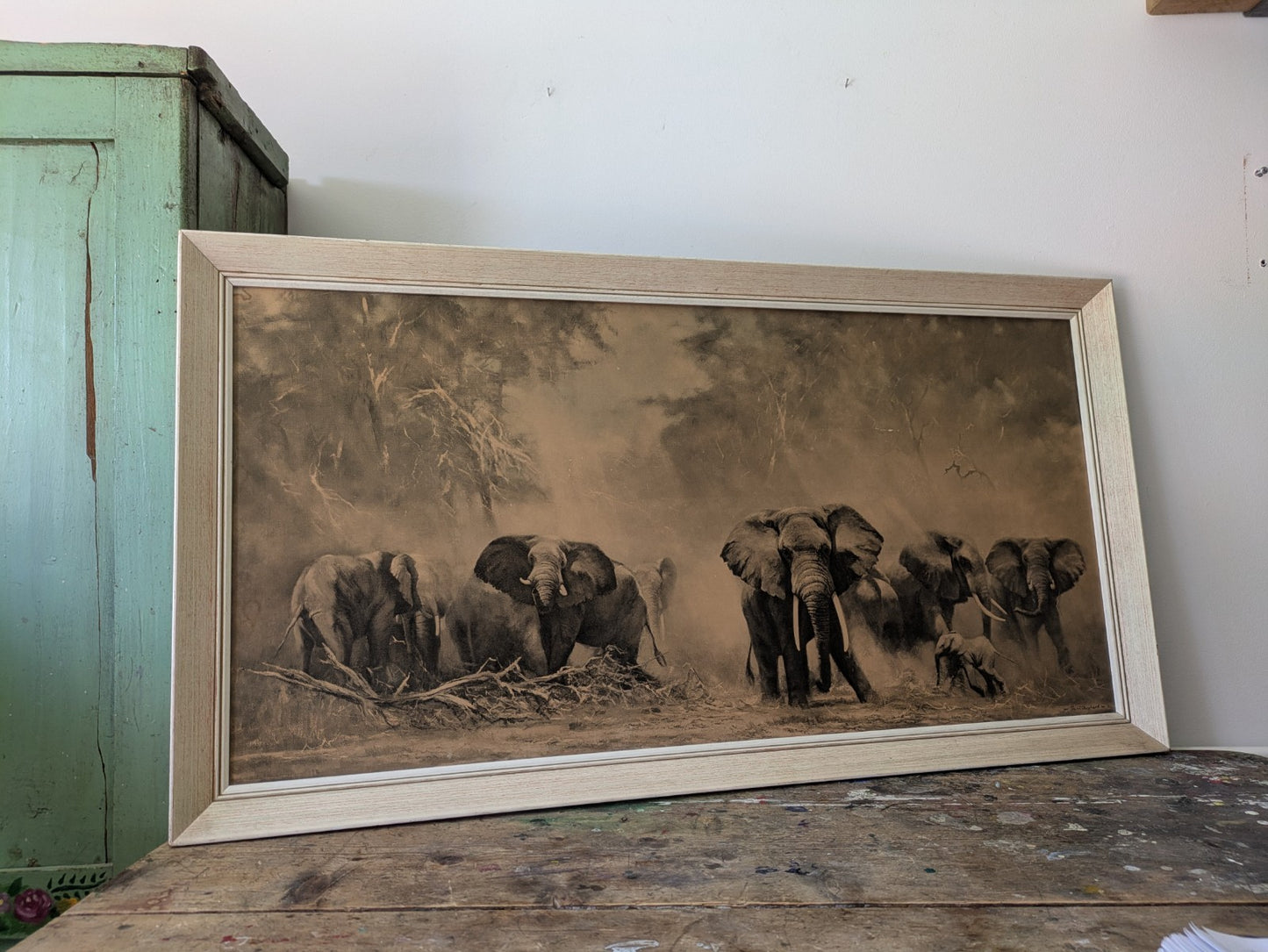 Retro Vintage Nostalgic 1960’s David Shepherd Print Herd Of Elephants Amboseli