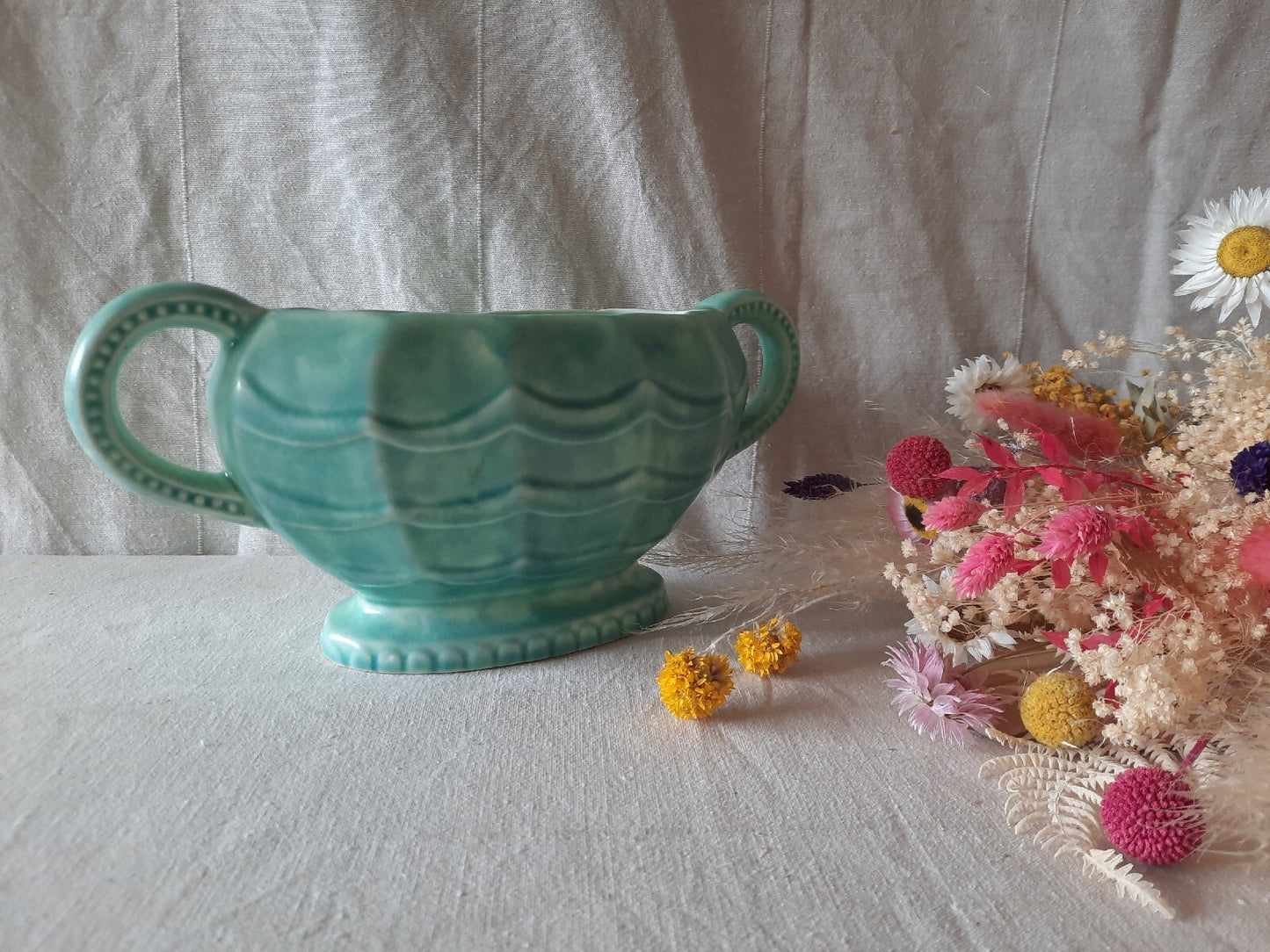 Vintage Retro Stoneware England 1930s Green Ornament Mantle Vase Art Deco Rare