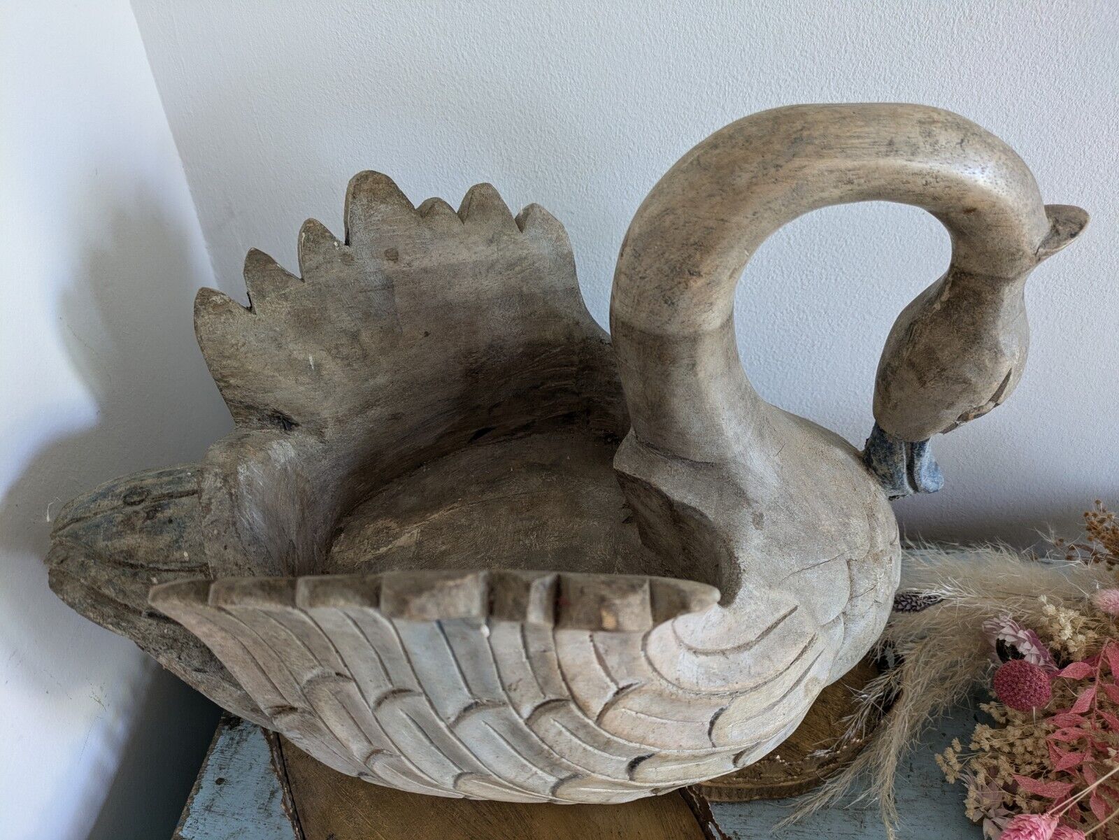 Carved Wood Swan Decoy Vintage Large Painted Solid Wood Planter Decor Time Worn