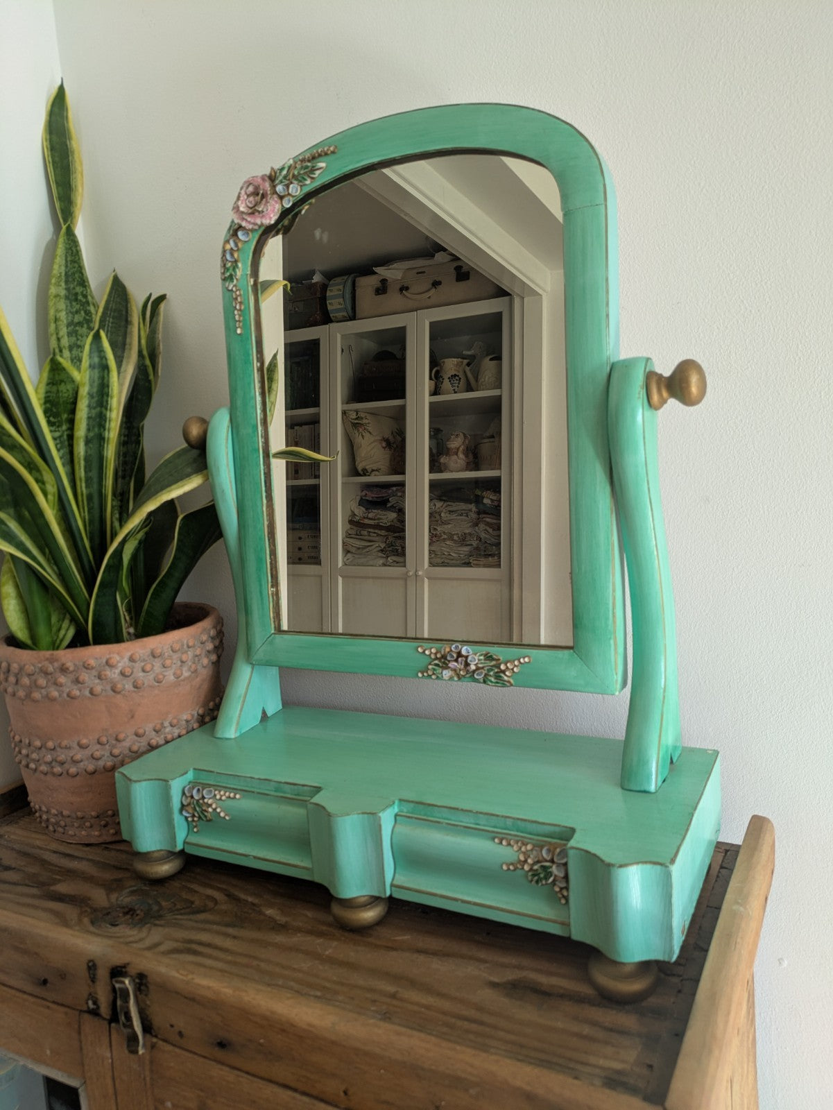 Antique Victorian Edwardian Wood Table Vanity Mirror Drawers Turquoise Floral Vg