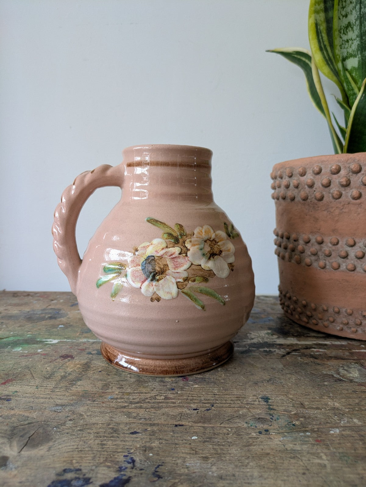 Beautiful vintage Bourne Denby stoneware floral jug/vase Pink Dogwood Ribbed Vgc