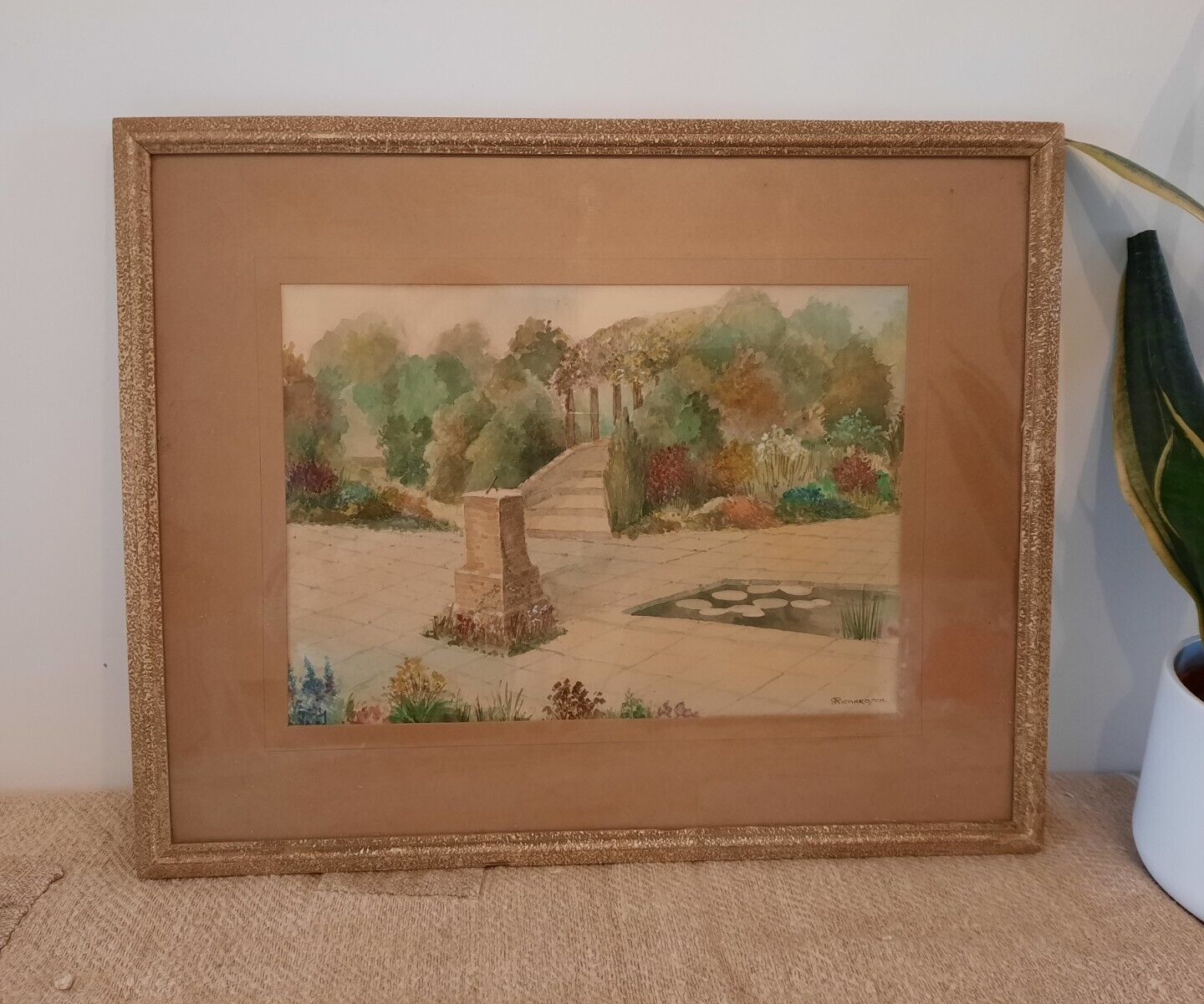 G Richardson original British 20th C Gardens Signed Watercolour floral vtg antiq