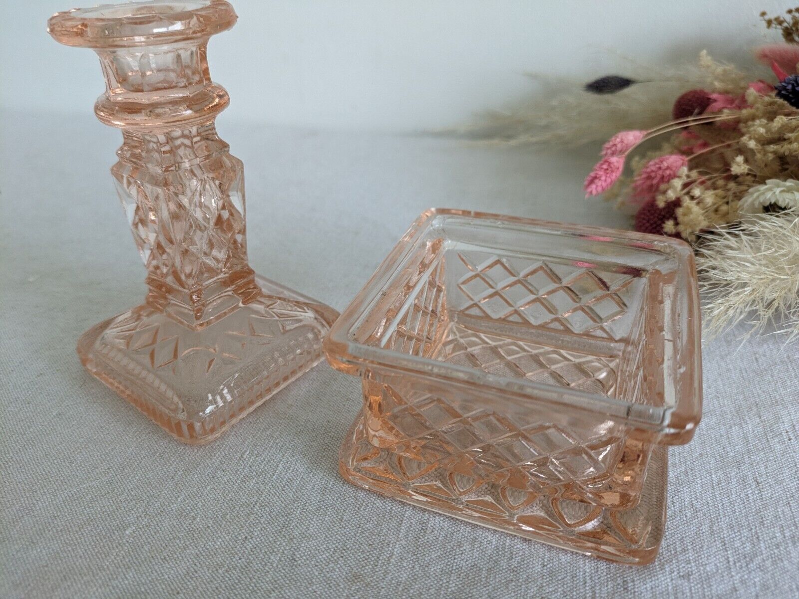 Vintage Art Deco Pink Single Glass Candlestick Quilted Dish Trinket Box Rare Vgc
