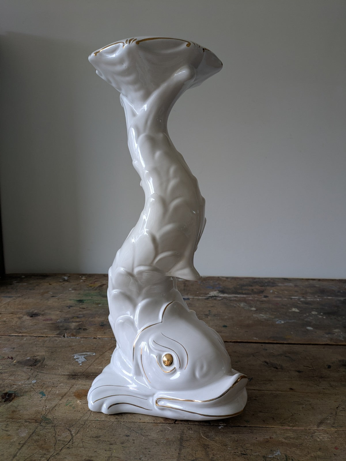 XL DOLPHIN CERAMIC CAPODIMONTE ITALIAN WHITE MID CENTURY VTG PLANT STAND TABLE