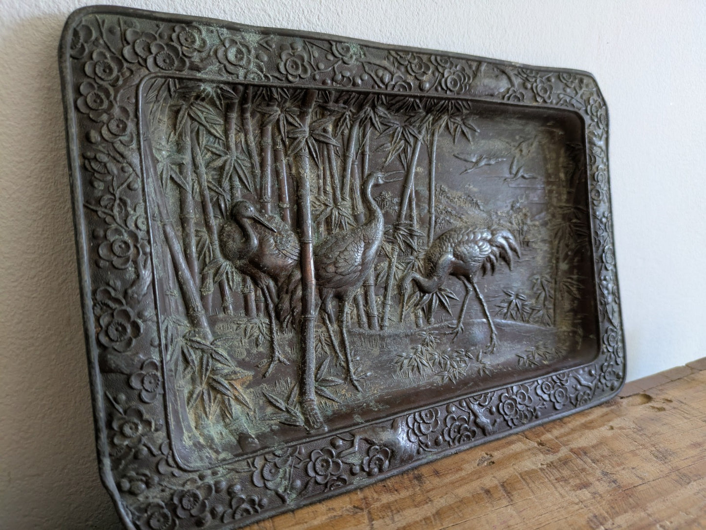 Early 20th Century Oriental Bronze Shallow Dish Heron Cranes Bamboo Tray Plaque