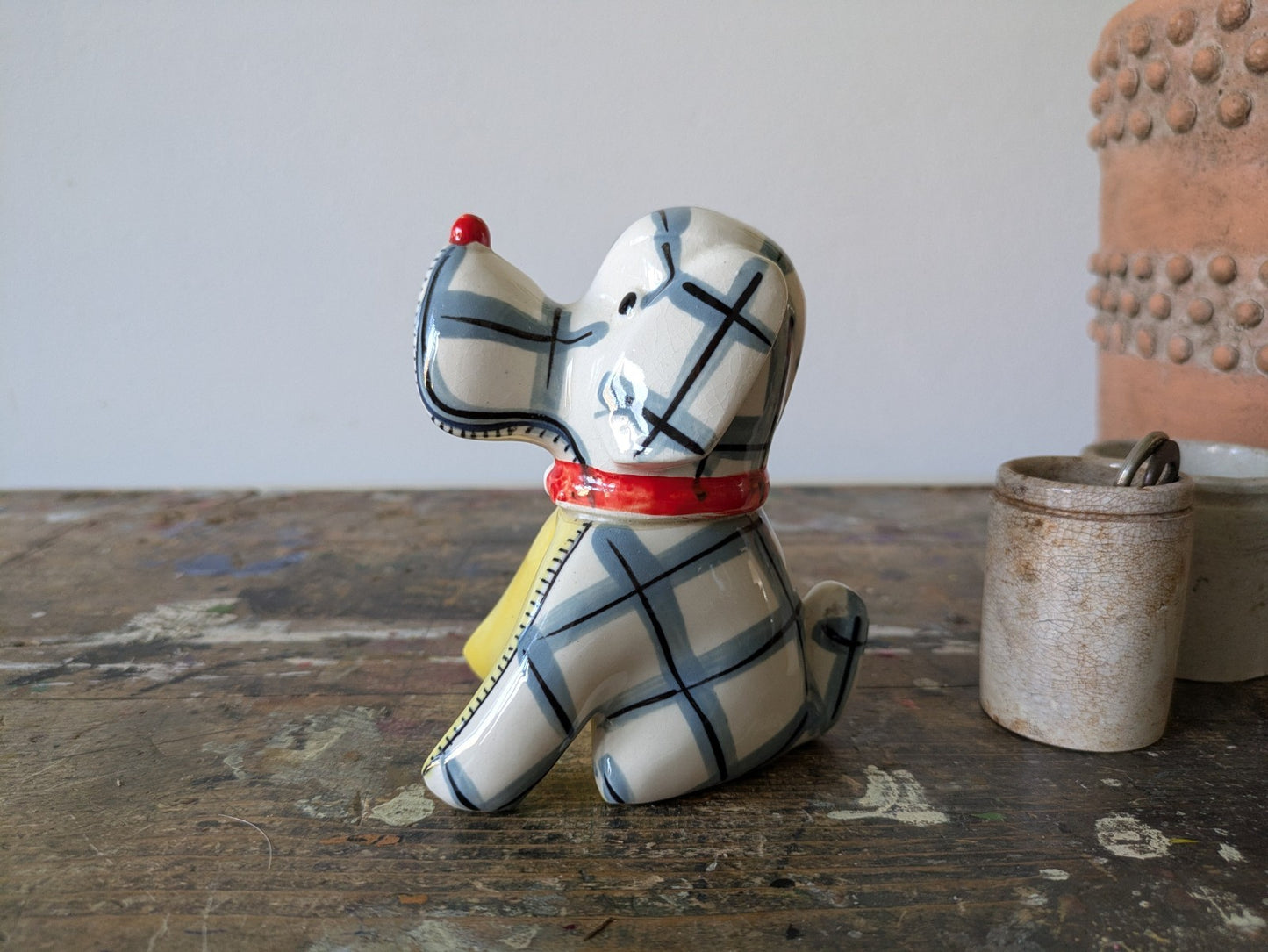 Vintage Kitsch Ceramic Novelty Dog Tape Measure Plaid Design Blue Retro 1950s!!