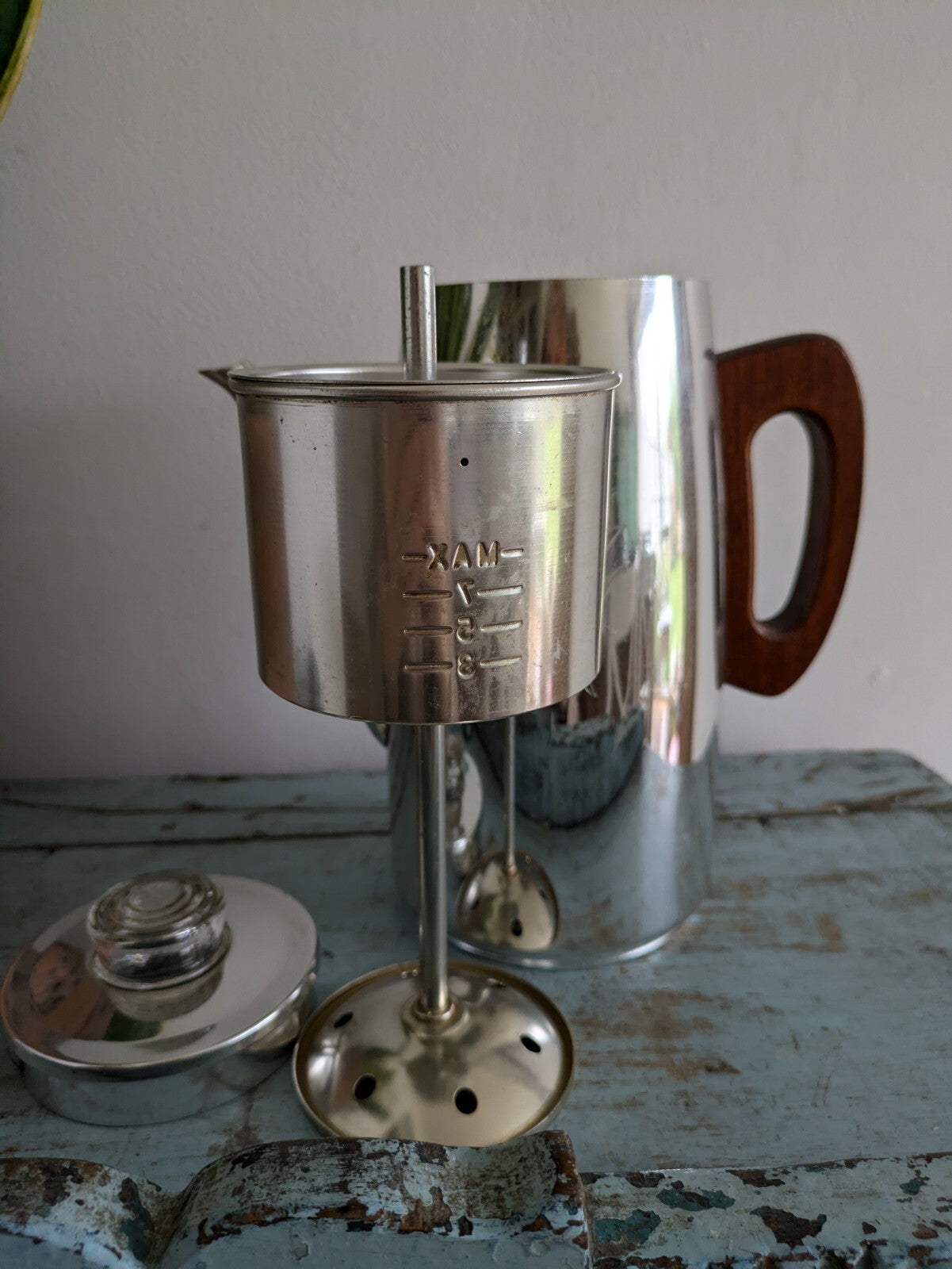 Vintage SONA J121 Coffee Pot Percolator Chrome Wood Handle Complete 70s Prop