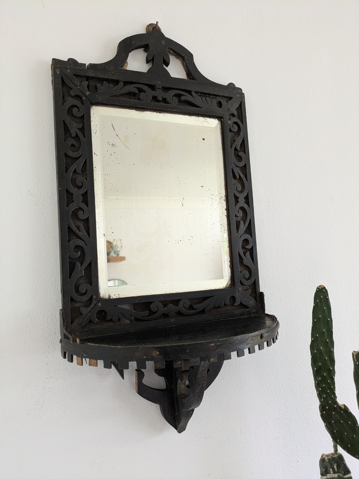 Antique 19th Cent Victorian Ebonised Wood Wall Sconce Mirror Glass Candle Shelf