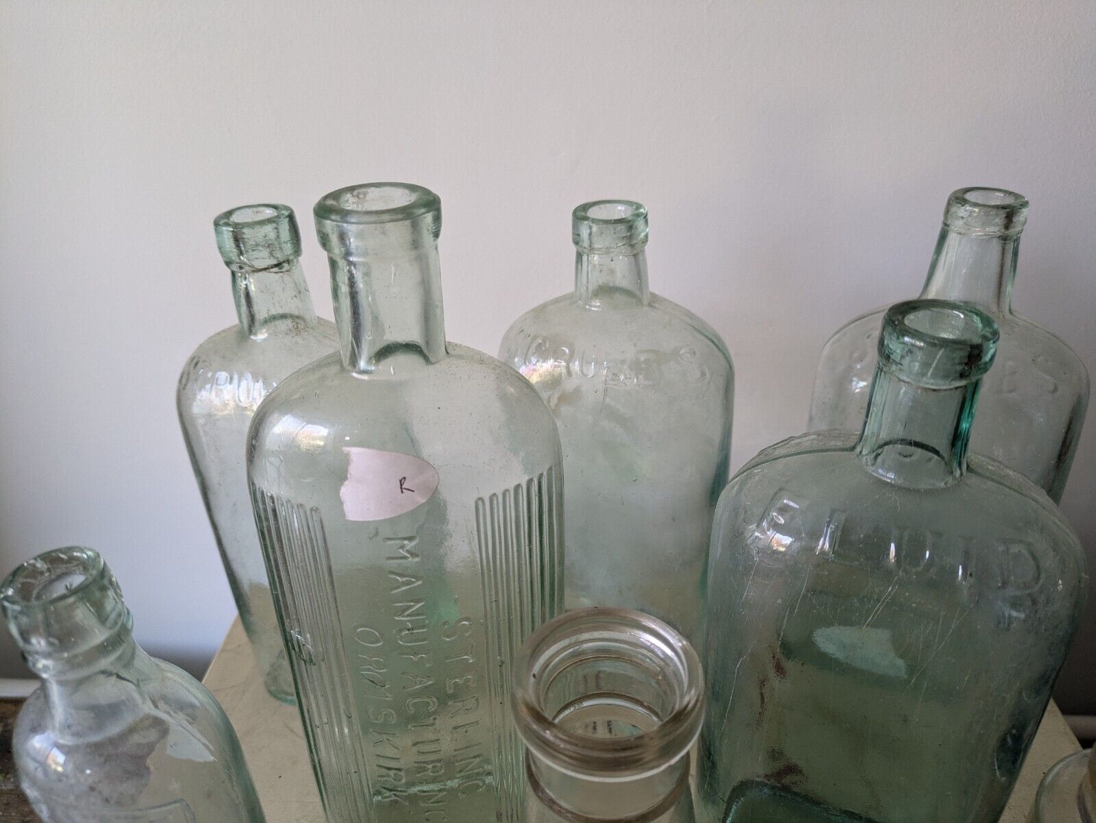 8x Antique Vintage Glass Bottles vase flower Scrubbs Chemist apothecary curved
