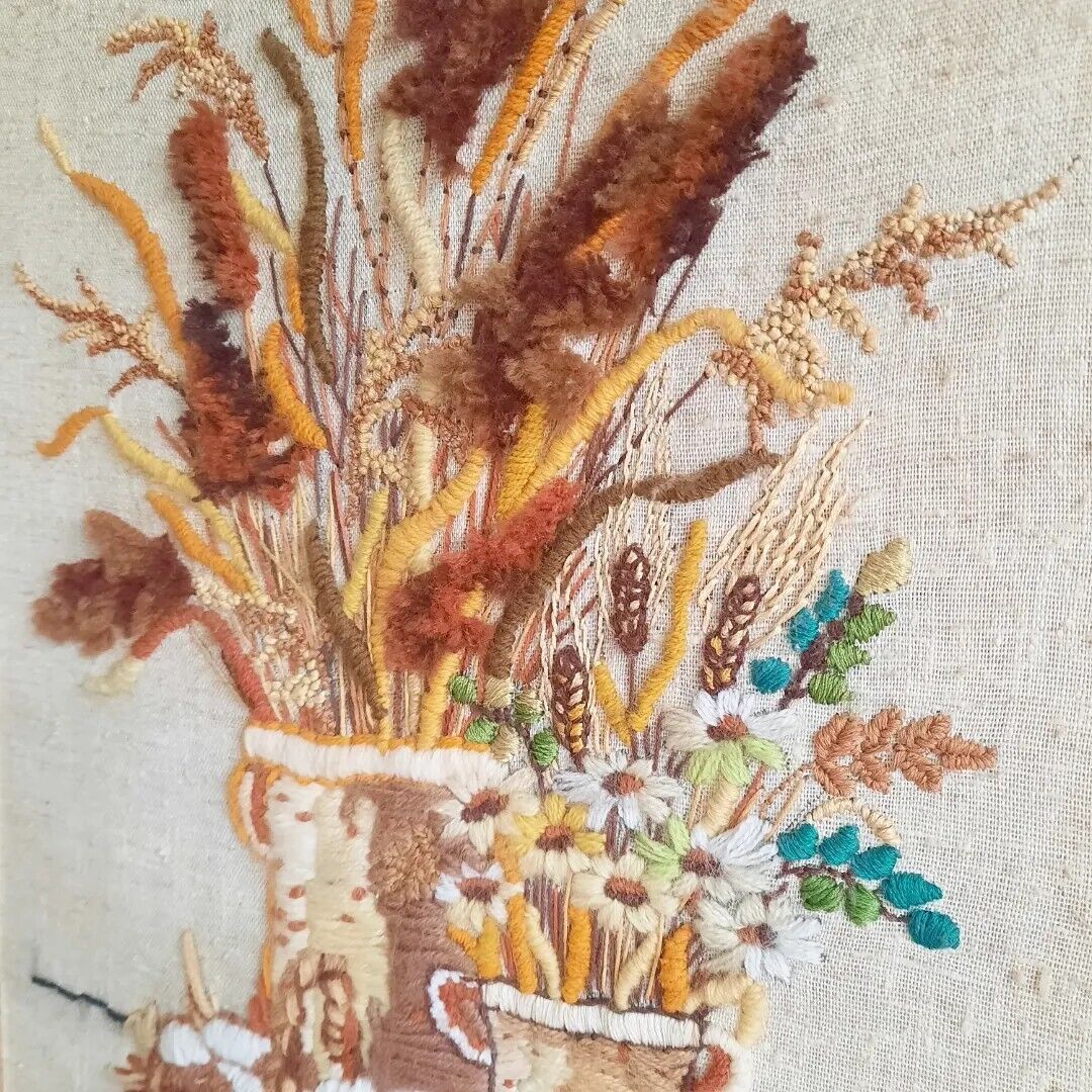 Large Vintage Framed Crewel Embroidery Floral Picture Bouquet Retro Stump Work