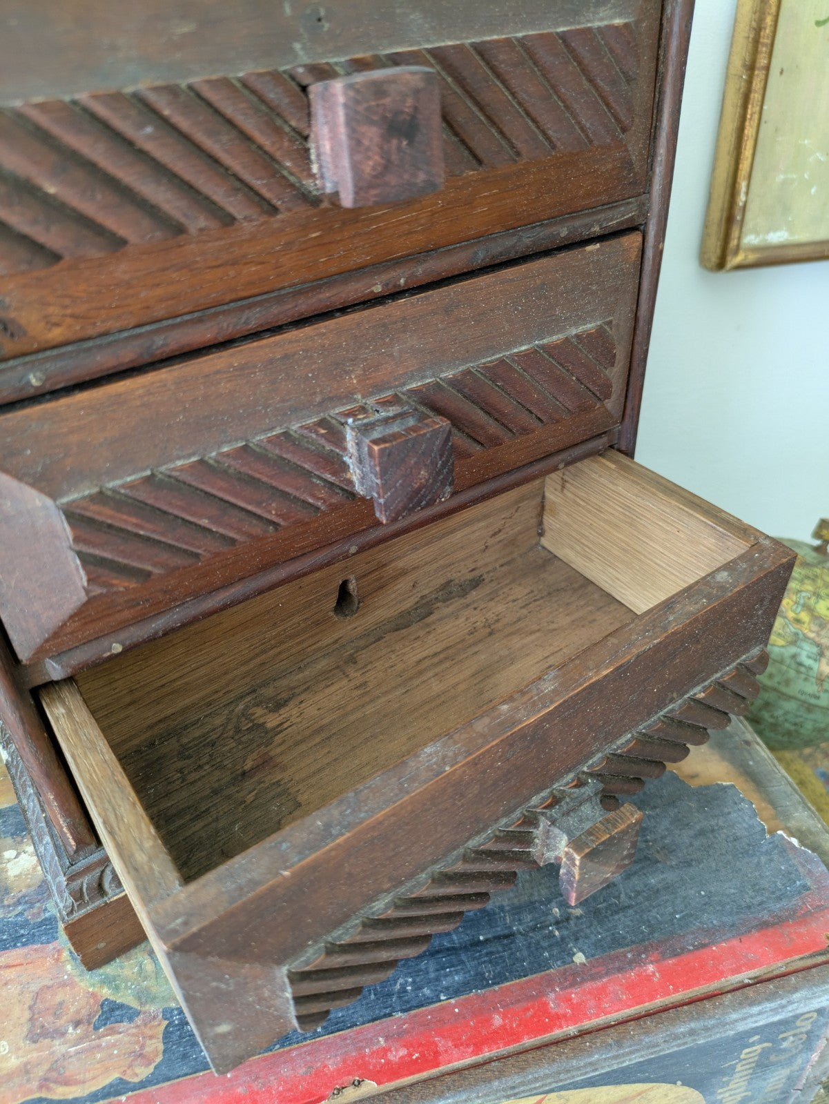 Antique 19th Century Three Drawer Table Top Drawers Carved Apprentice Art Deco 