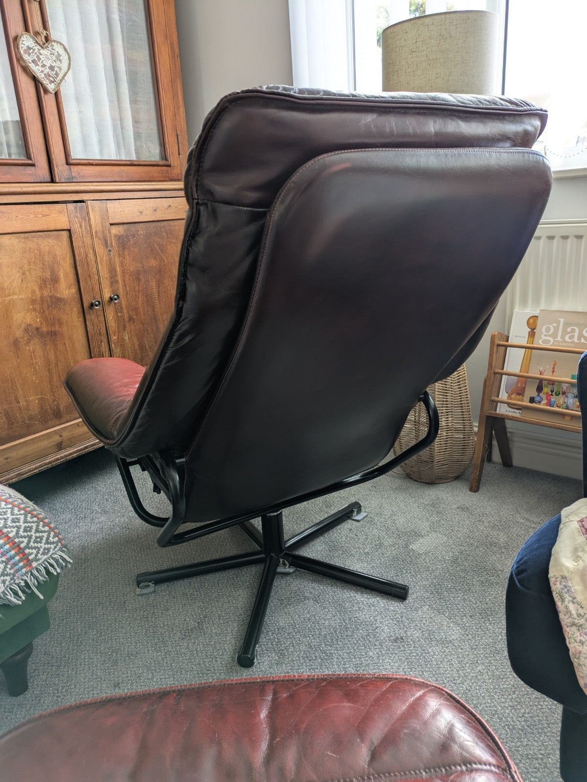 MCM Skoghaug Industries Oxblood Red Leather Swivel Recliner Armchair & Stool 60s