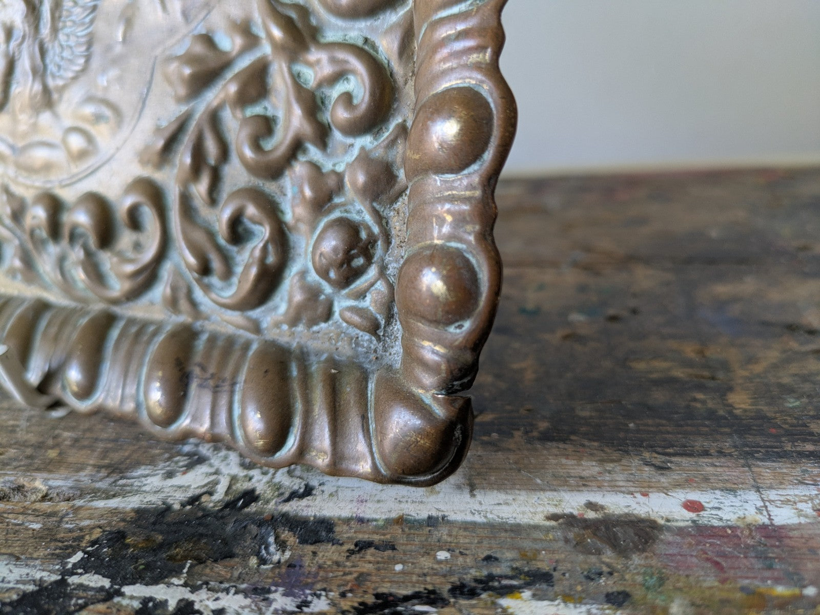 Antique REYNOLDS ANGELS Embossed Dressing Table Tray 1900s Cherubs Ornate Brass