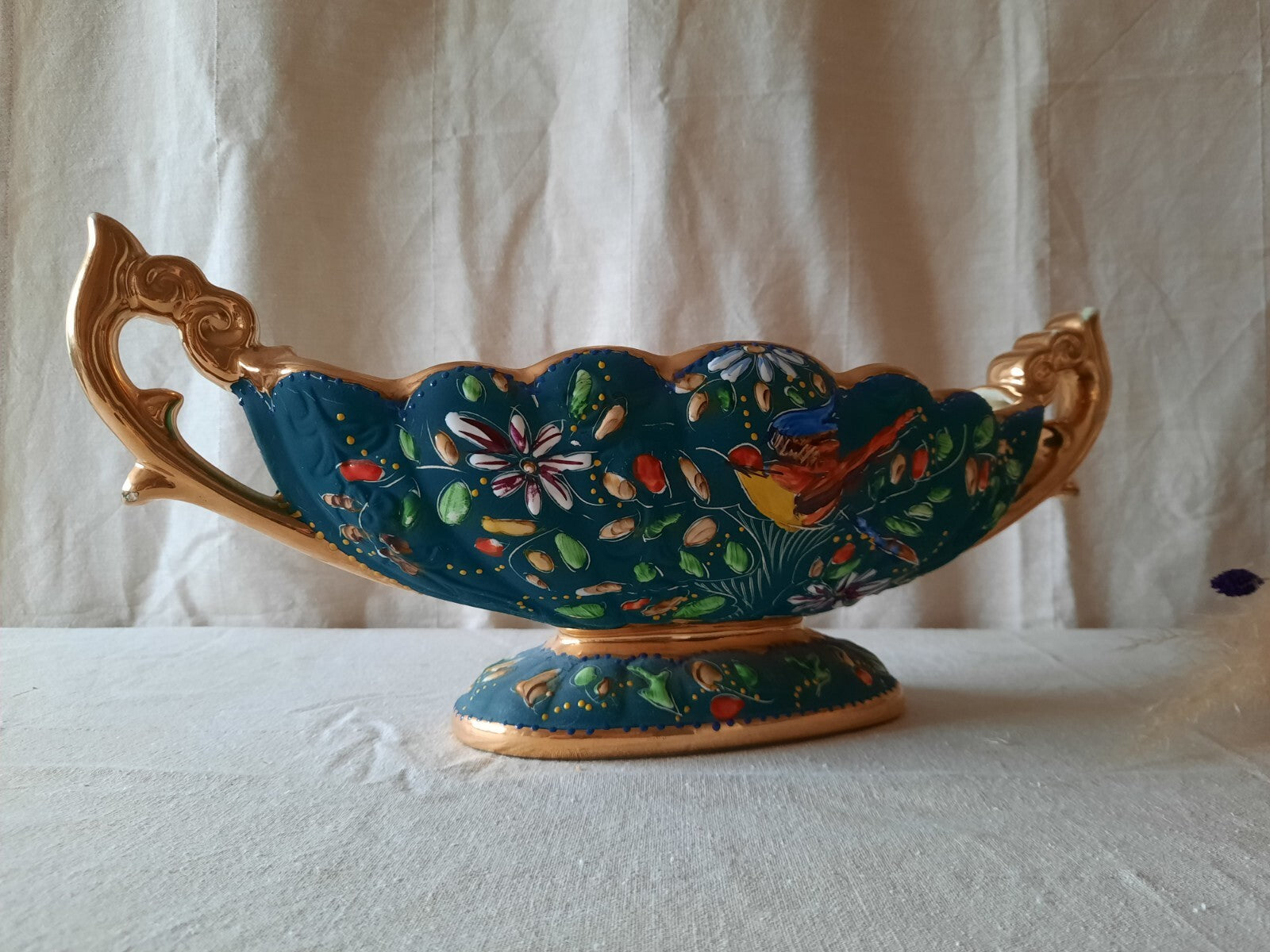XL Henri Bequet Quaregnon Belgium Bird Of Paradise Large Vase 925 vintage Rare 