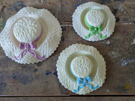 Set Of 3 VINTAGE FALCON WARE POSY HOLDER VASE HAT PINK BLUE GREEN RIBBON WALL 
