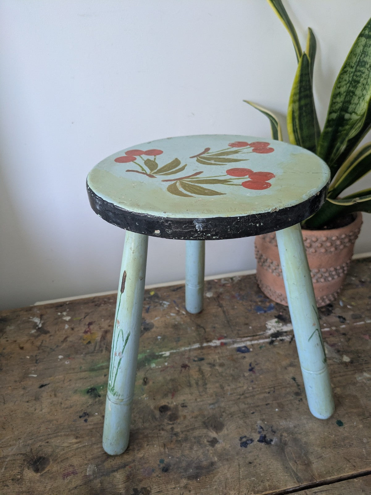 Vintage Stool Folk Art Hand Painted Cherries Blue Chippy Original Antique Tripod